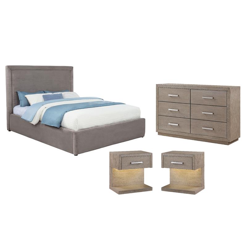 Pemberly Row Set of 4 Fabric Queen Panel Platform Bed & Dresser & Nightstands