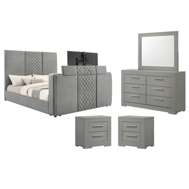 Pemberly Row 4Pc Set Eastern King Panel TV Bed & Dresser w/ Mirror & Nightstands