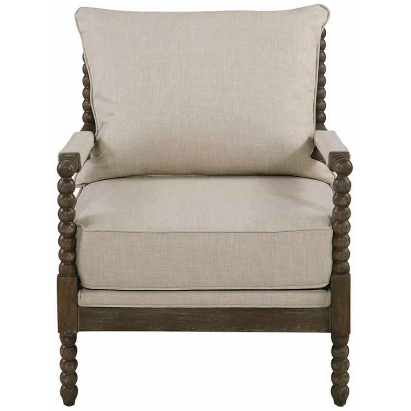 Pemberly Row Set of 2 Upholstered Bobbin Accent Chairs in Beige and Natural