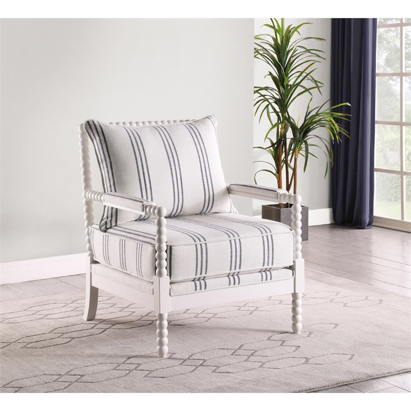 Pemberly Row Set of 2 Upholstered Bobbin Accent Chairs in White and Navy