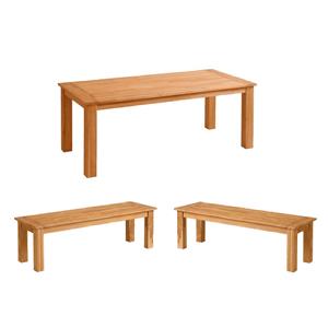 Pemberly Row Set of 3 Teak Outdoor 80&quot Dining Table and Benches in Natural