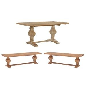 Pemberly Row Set of 3 Brown Pine Wood Double Pedestal Benchs & Dining Table