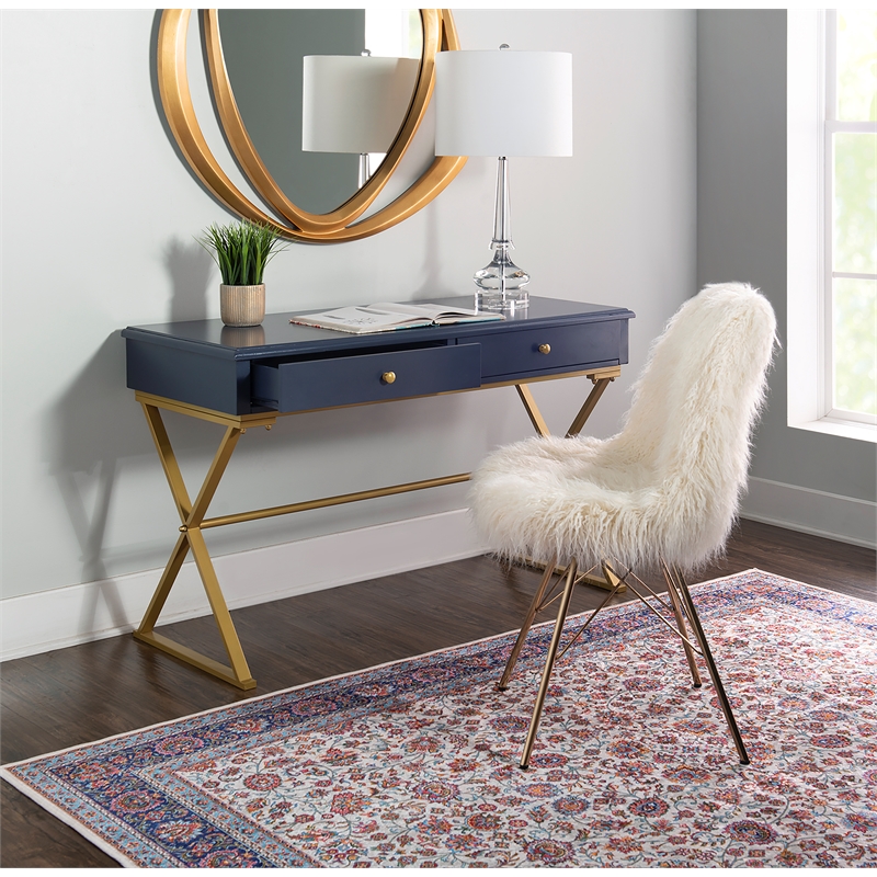 Pemberly Row Set of 2 Writing Desk with Criss Cross Legs & Faux Fur Accent Chair