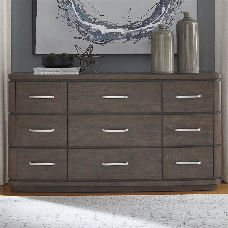 Pemberly Row Set of 4 Queen Panel Bed & Dresser & Nightstands in Brown