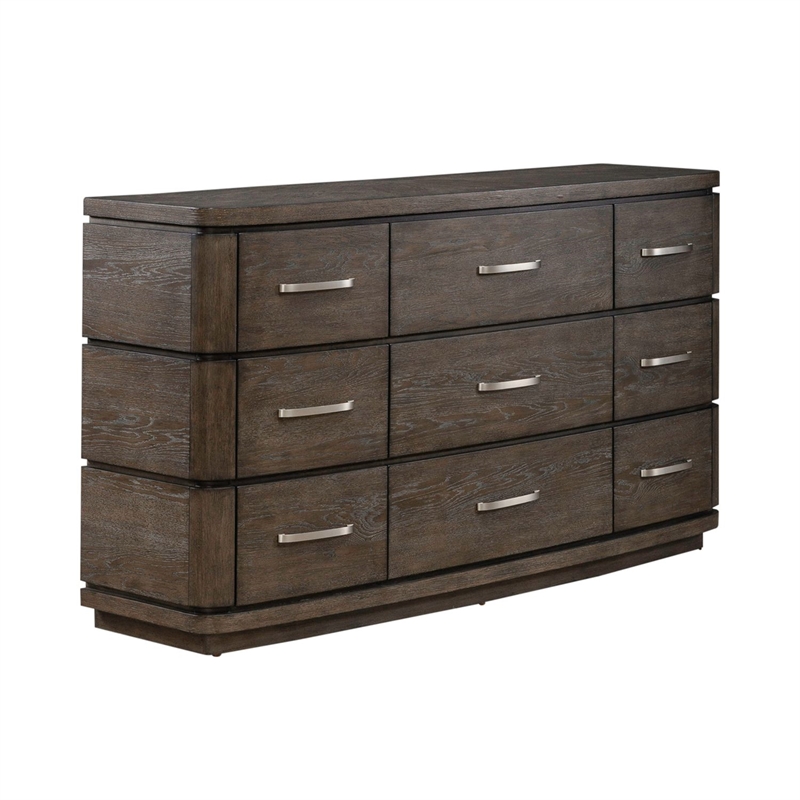Pemberly Row Set of 4 Queen Panel Bed & Dresser & Nightstands in Brown