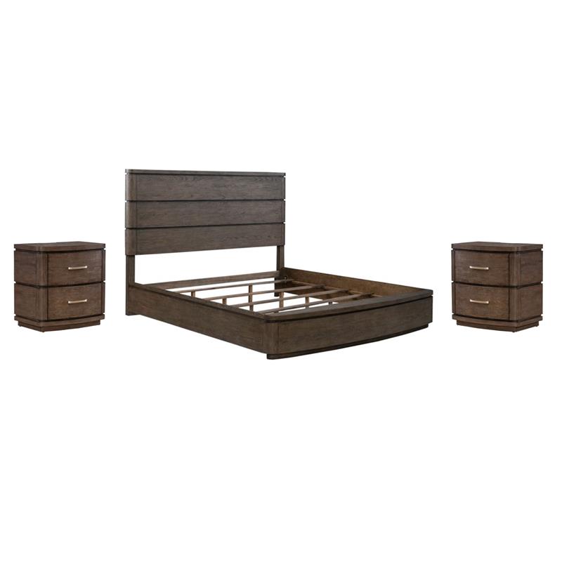 Pemberly Row Set of 3 Brown Queen Panel Bed & Nightstands with Charging Station