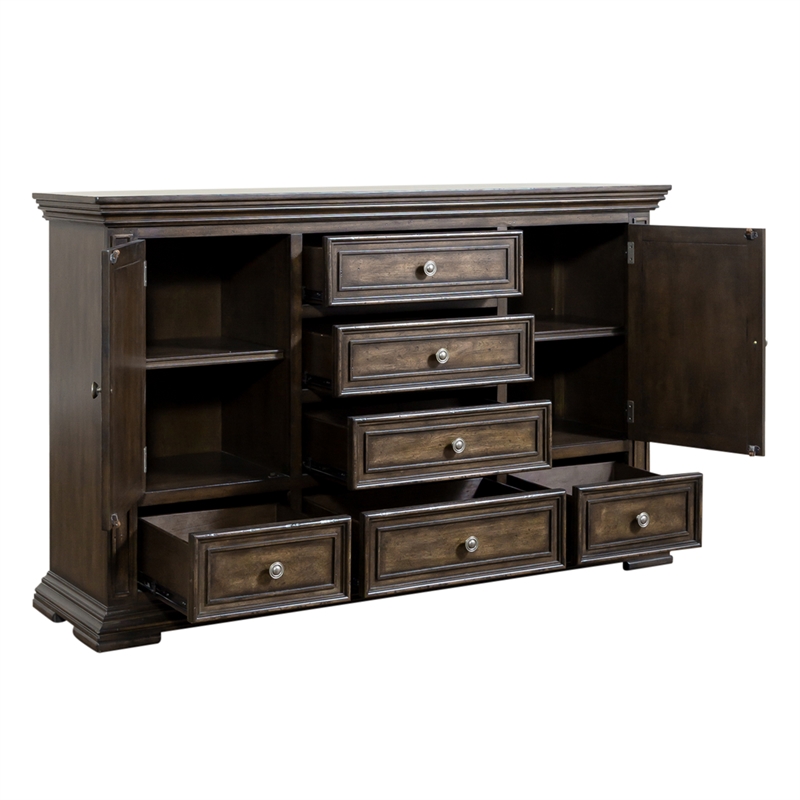 Pemberly Row Set of 4 Light Brown Queen Panel Bed & Dresser & Nightstands