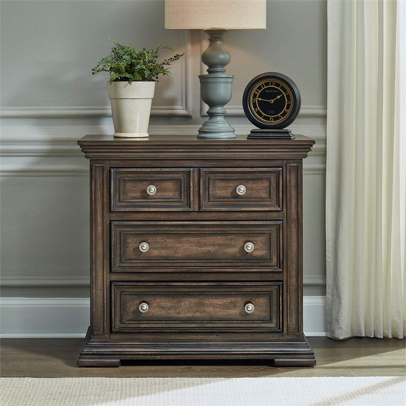 Pemberly Row Set of 3 Light Brown Queen Panel Bed & Chests with Charging Station