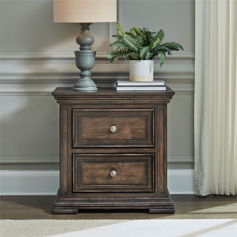 Pemberly Row Set of 3 Brown King Panel Bed & Nightstands with Charging Station