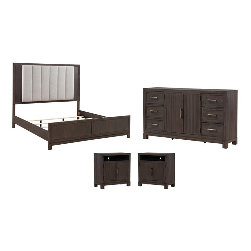 Pemberly Row Set of 4 Queen Upholstered Bed & Dresser & Chests