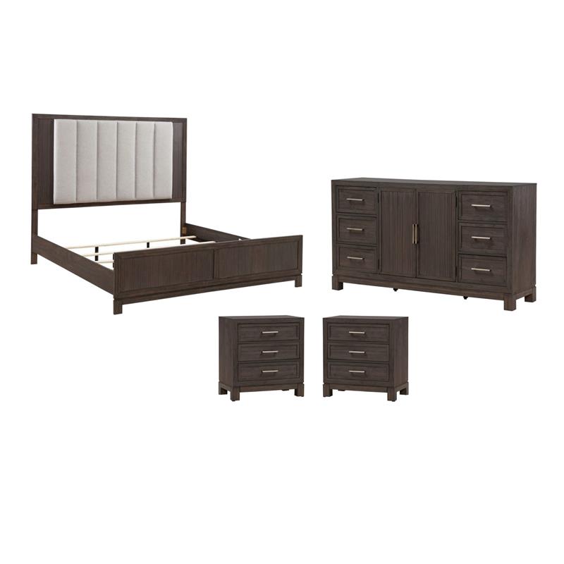 Pemberly Row Set of 4 Queen Upholstered Bed & Dresser & Nightstands