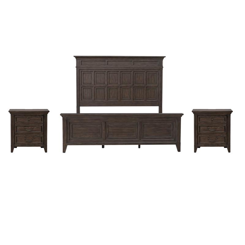 Pemberly Row Set of 3 King Panel Bed & Nightstands with Charging Station