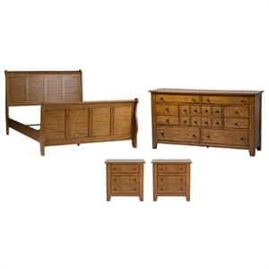 Pemberly Row Set of 4 Medium Brown Queen Sleigh Bed & Dresser & Nightstands