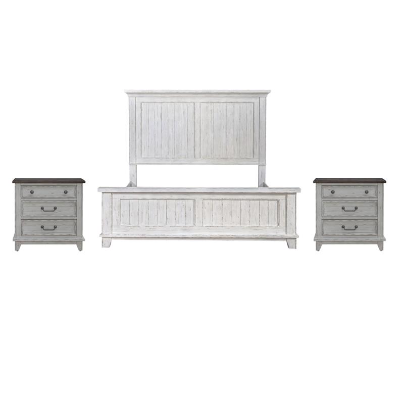Pemberly Row Set of 3 Queen Panel Bed & Nightstands with Charging Station