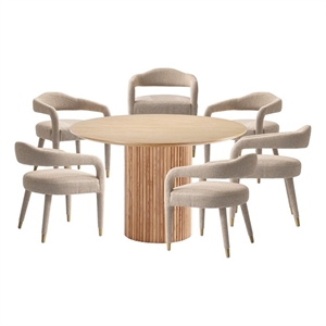 Pemberly Row 7-Piece 59.05&quot Round Dining Set in Natural with 6 Dining Chairs
