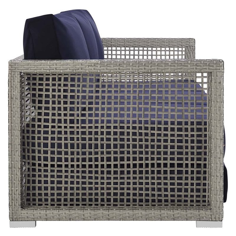 Pemberly Row Modern Rattan & Fabric Outdoor Patio Sofa in Gray and Navy