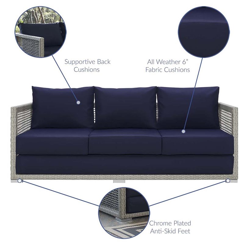 Pemberly Row Modern Rattan & Fabric Outdoor Patio Sofa in Gray and Navy