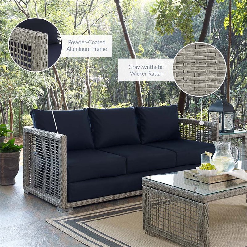 Pemberly Row Modern Rattan & Fabric Outdoor Patio Sofa in Gray and Navy