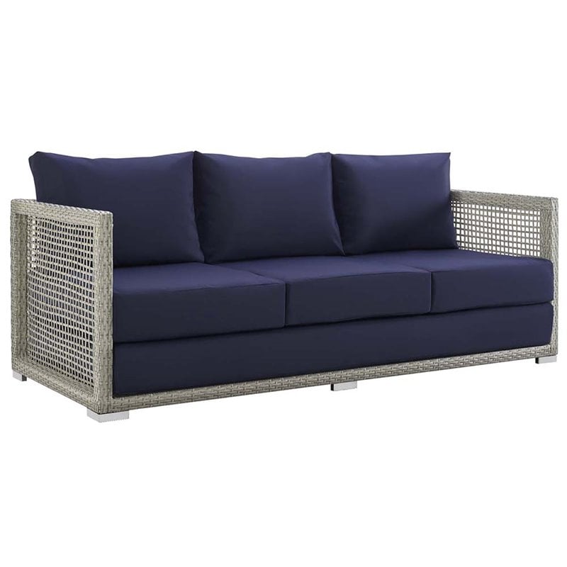 Pemberly Row Modern Rattan & Fabric Outdoor Patio Sofa in Gray and Navy