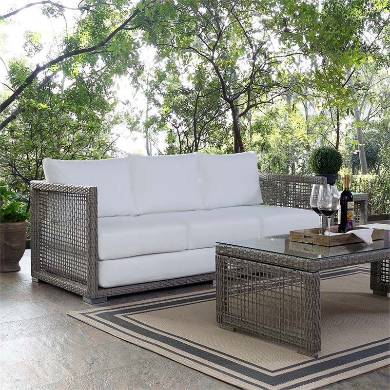 Pemberly Row Modern Rattan & Fabric Outdoor Patio Sofa in Gray and White