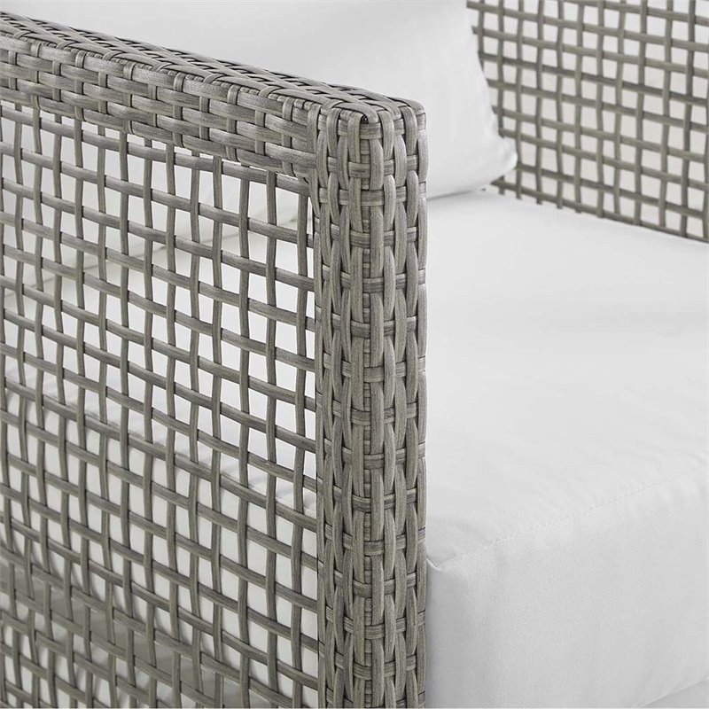 Pemberly Row Modern Rattan & Fabric Outdoor Patio Sofa in Gray and White