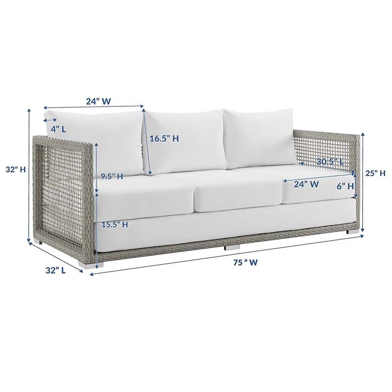 Pemberly Row Modern Rattan & Fabric Outdoor Patio Sofa in Gray and White