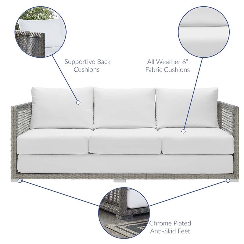 Pemberly Row Modern Rattan & Fabric Outdoor Patio Sofa in Gray and White