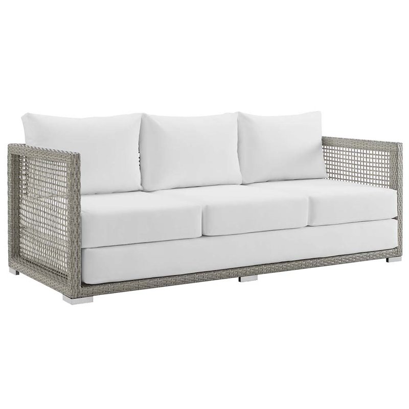 Pemberly Row Modern Rattan & Fabric Outdoor Patio Sofa in Gray and White