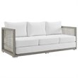 Pemberly Row Modern Rattan & Fabric Outdoor Patio Sofa in Gray and White