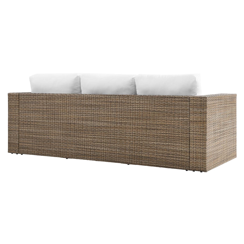 Pemberly Row Outdoor Synthetic Rattan Sofa in Cappuccino and White