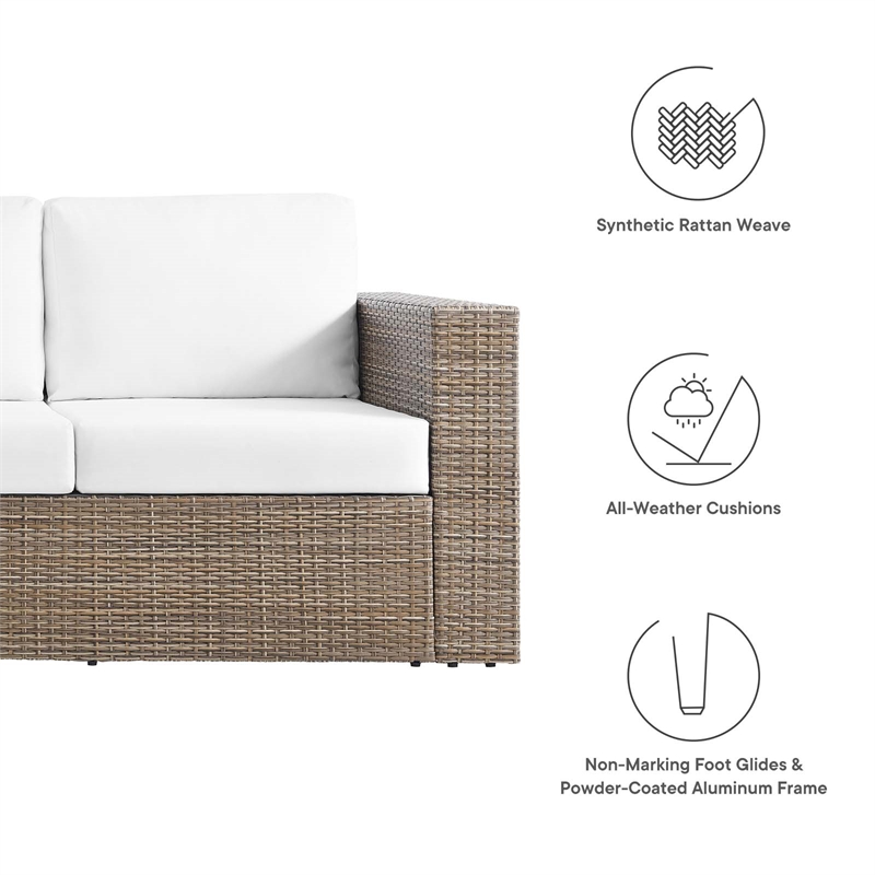 Pemberly Row Outdoor Synthetic Rattan Sofa in Cappuccino and White