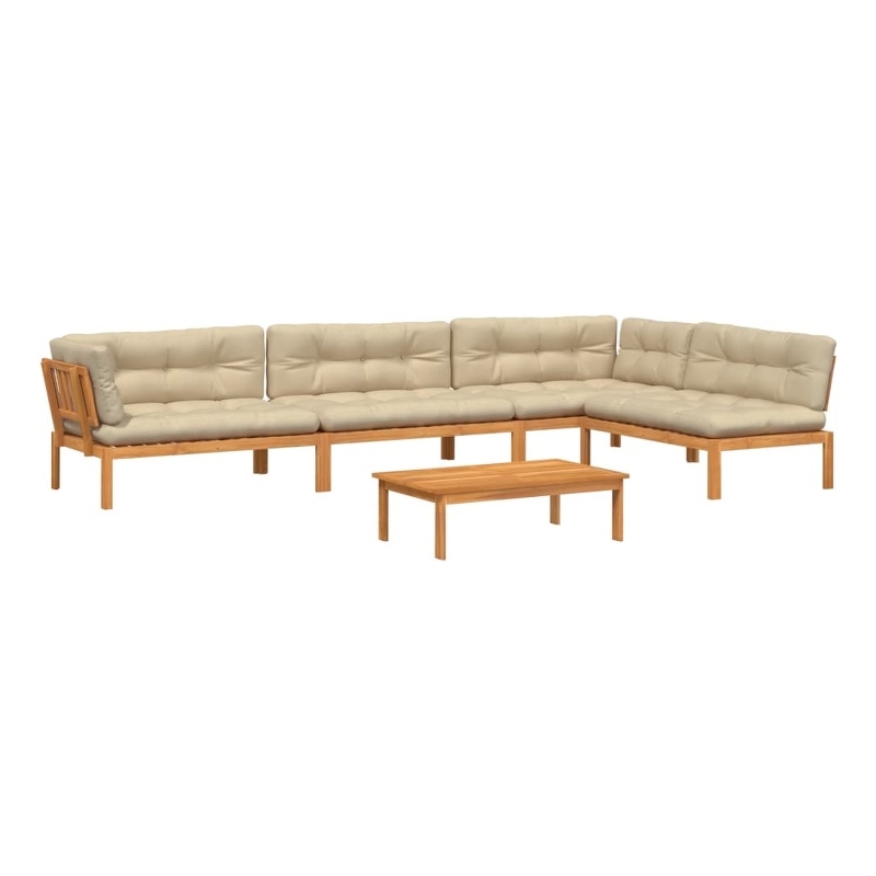 Pemberly Row Patio Pallet Sofa Set in Natural Wood With Beige Cushions