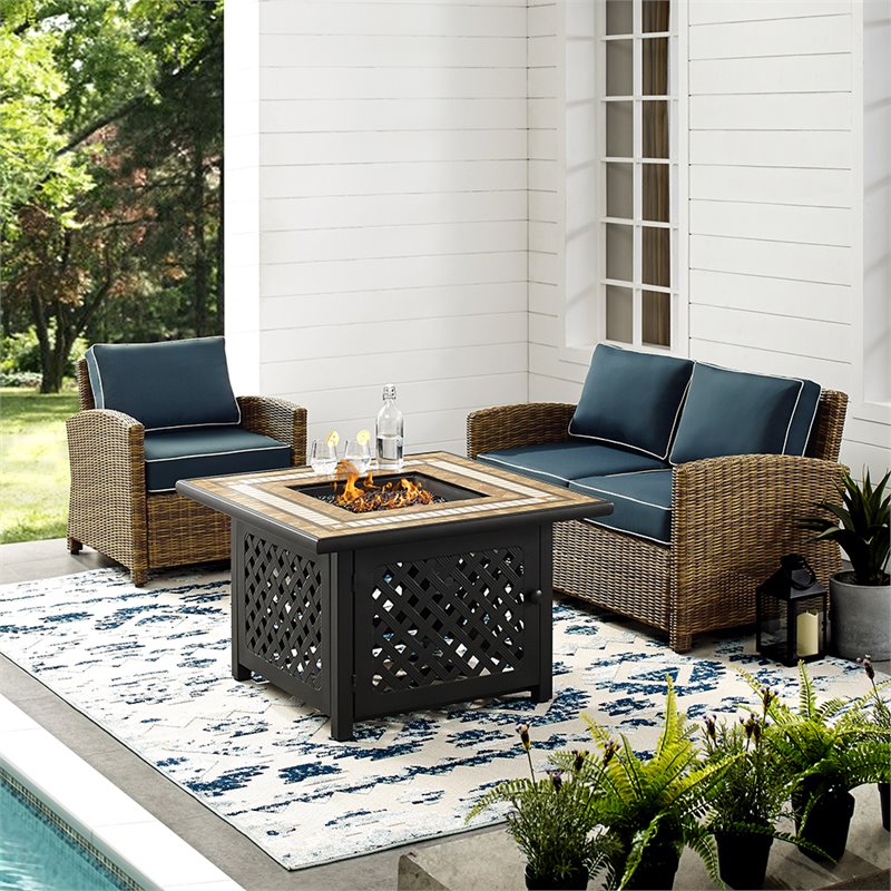 Pemberly Row 3-Piece Metal Patio Fire Pit Sofa Set in Brown/Navy
