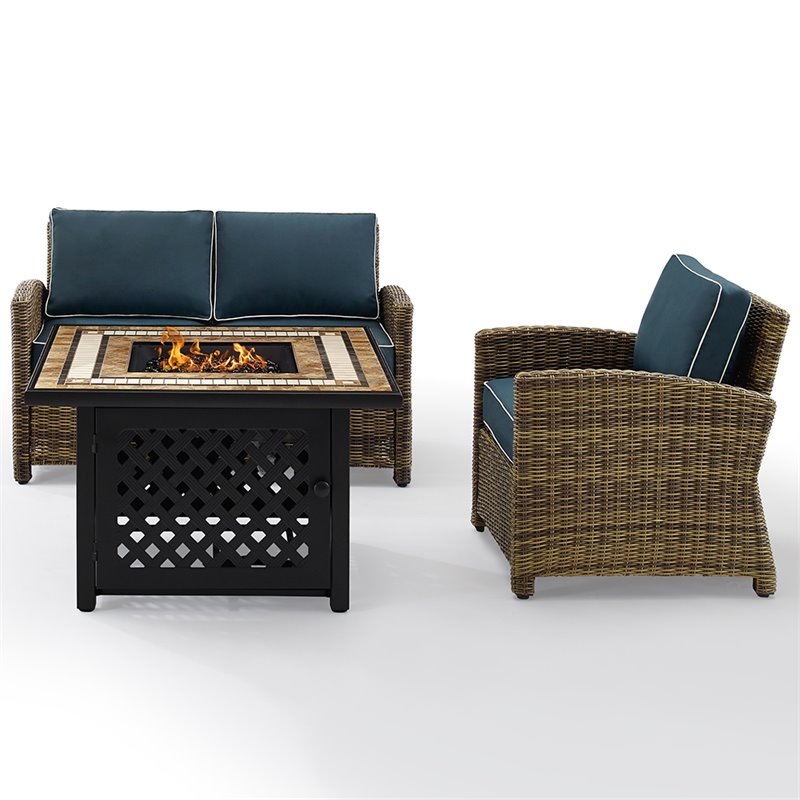 Pemberly Row 3-Piece Metal Patio Fire Pit Sofa Set in Brown/Navy