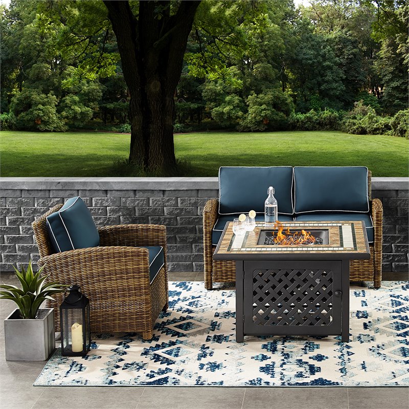 Pemberly Row 3-Piece Metal Patio Fire Pit Sofa Set in Brown/Navy