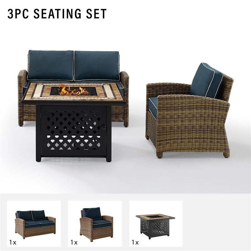 Pemberly Row 3-Piece Metal Patio Fire Pit Sofa Set in Brown/Navy