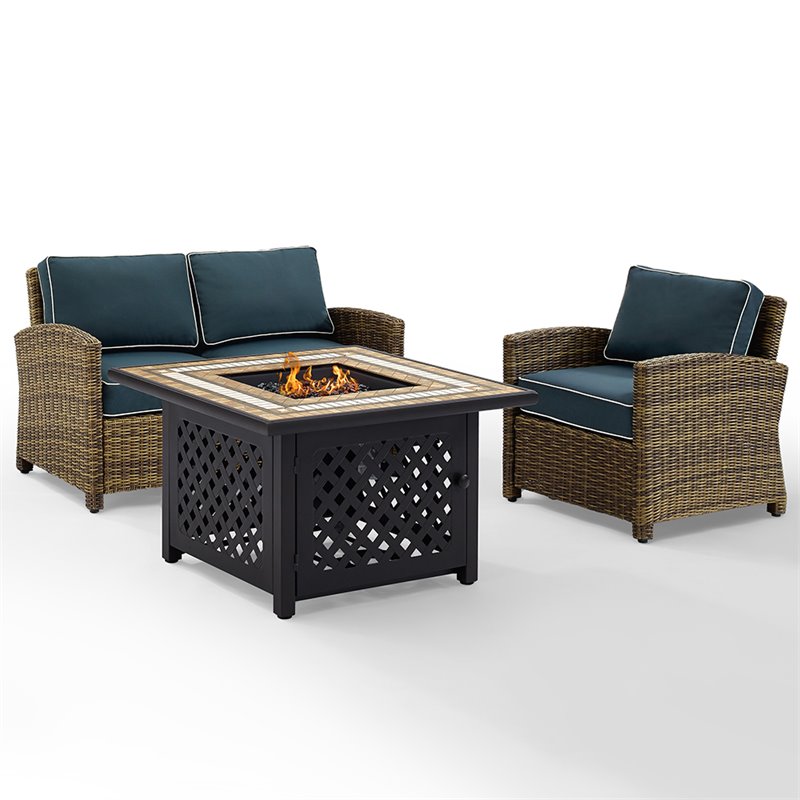 Pemberly Row 3-Piece Metal Patio Fire Pit Sofa Set in Brown/Navy