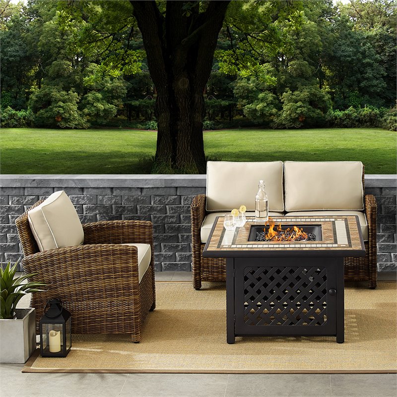 Pemberly Row 3-Piece Metal Patio Fire Pit Sofa Set in Brown/Sand