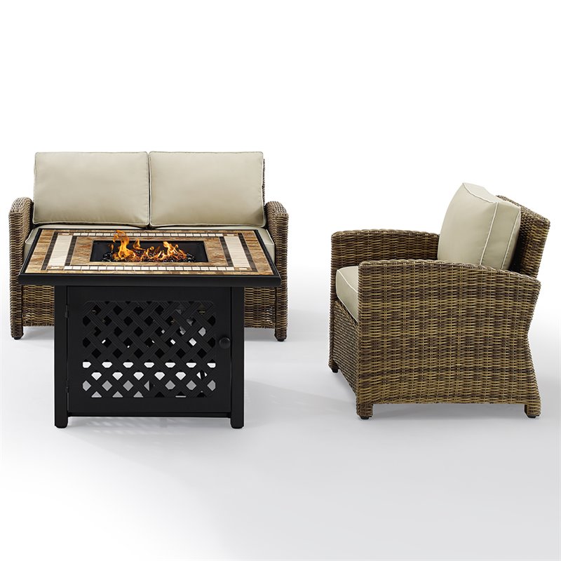 Pemberly Row 3-Piece Metal Patio Fire Pit Sofa Set in Brown/Sand