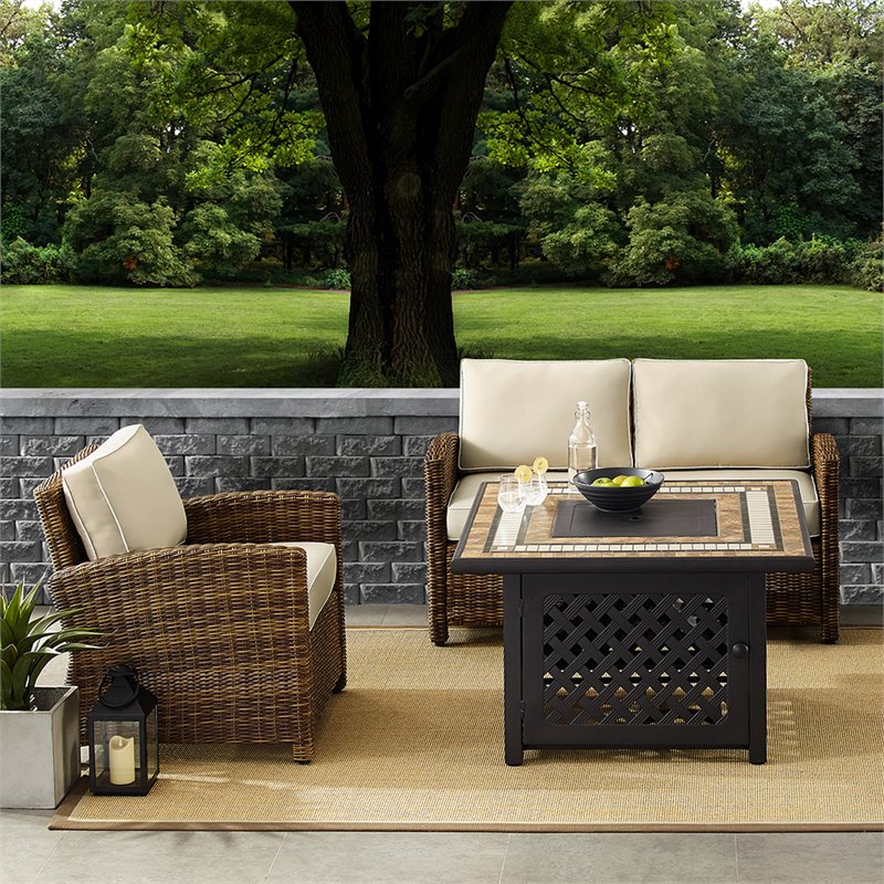 Pemberly Row 3-Piece Metal Patio Fire Pit Sofa Set in Brown/Sand