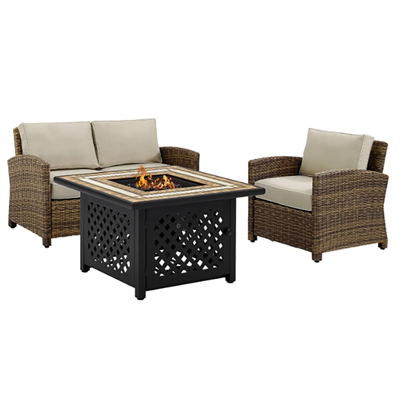 Pemberly Row 3-Piece Metal Patio Fire Pit Sofa Set in Brown/Sand