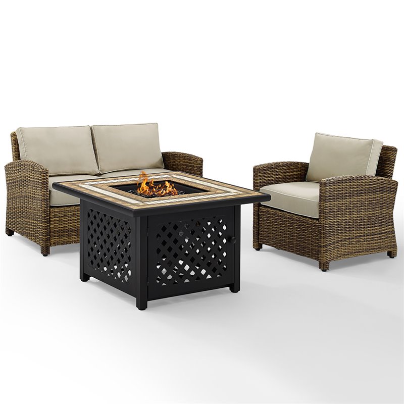 Pemberly Row 3-Piece Metal Patio Fire Pit Sofa Set in Brown/Sand