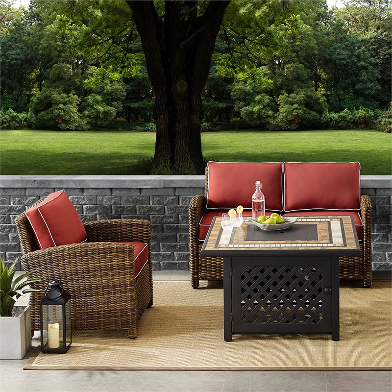 Pemberly Row 3-Piece Patio Fabric Fire Pit Sofa Set in Brown/Red