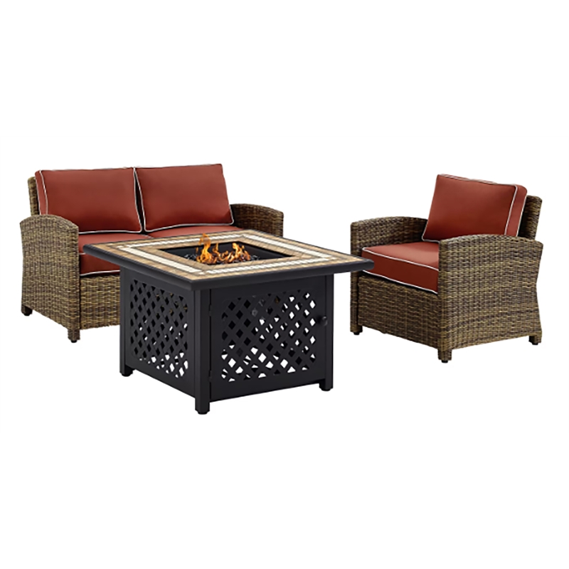 Pemberly Row 3-Piece Patio Fabric Fire Pit Sofa Set in Brown/Red