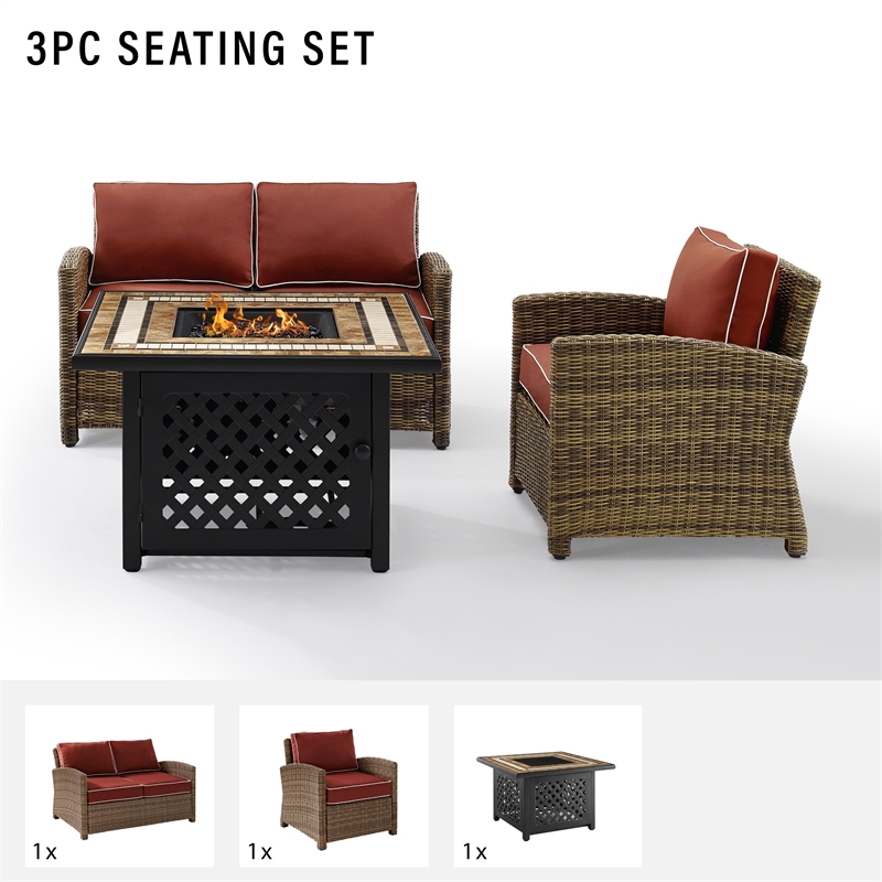 Pemberly Row 3-Piece Patio Fabric Fire Pit Sofa Set in Brown/Red