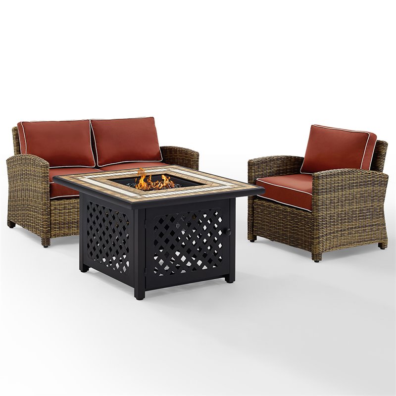 Pemberly Row 3-Piece Patio Fabric Fire Pit Sofa Set in Brown/Red
