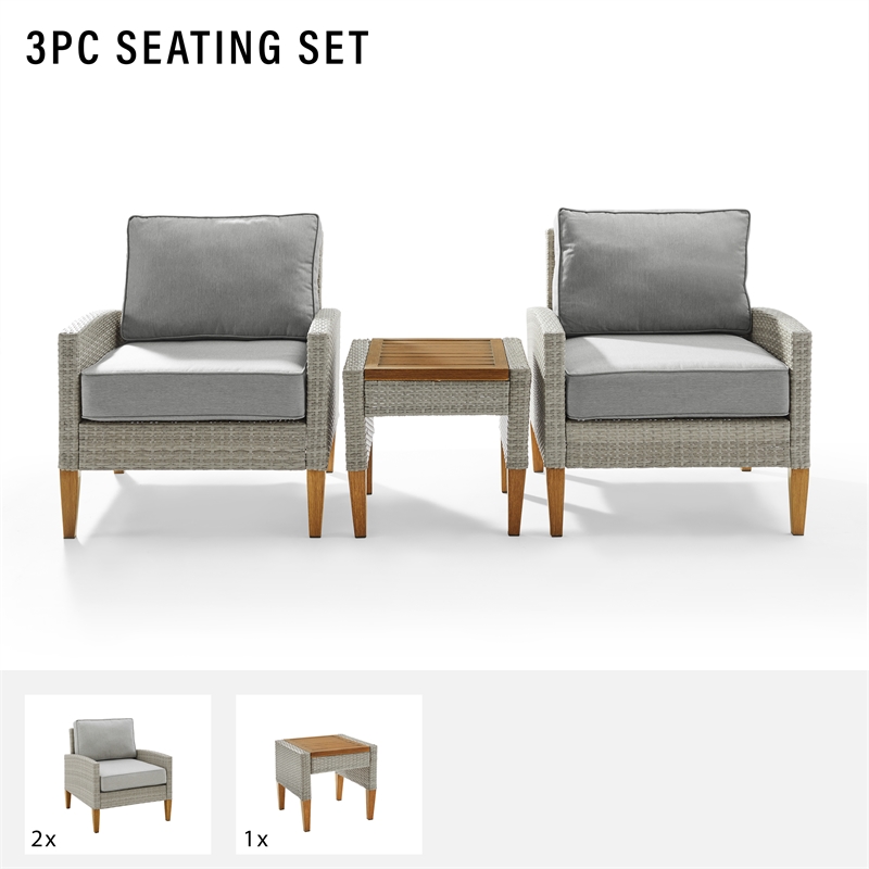 Pemberly Row 3-Piece Modern Wicker / Rattan Outdoor Chair Set in Gray