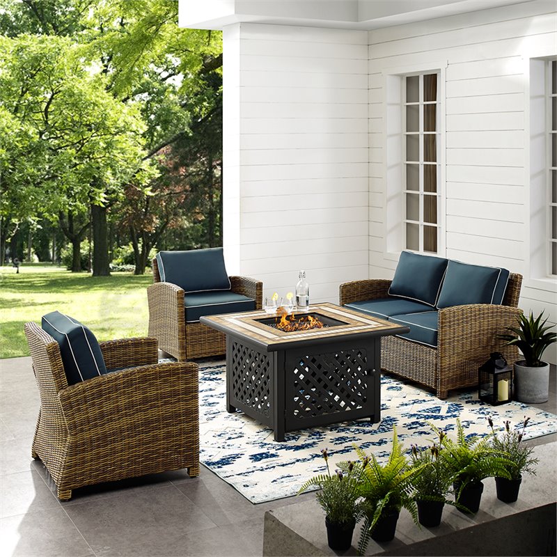 Pemberly Row 4-Piece Metal Patio Fire Pit Sofa Set in Brown/Navy