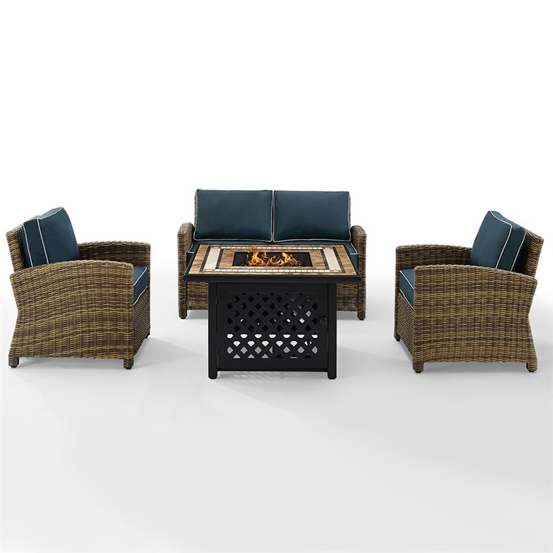 Pemberly Row 4-Piece Metal Patio Fire Pit Sofa Set in Brown/Navy