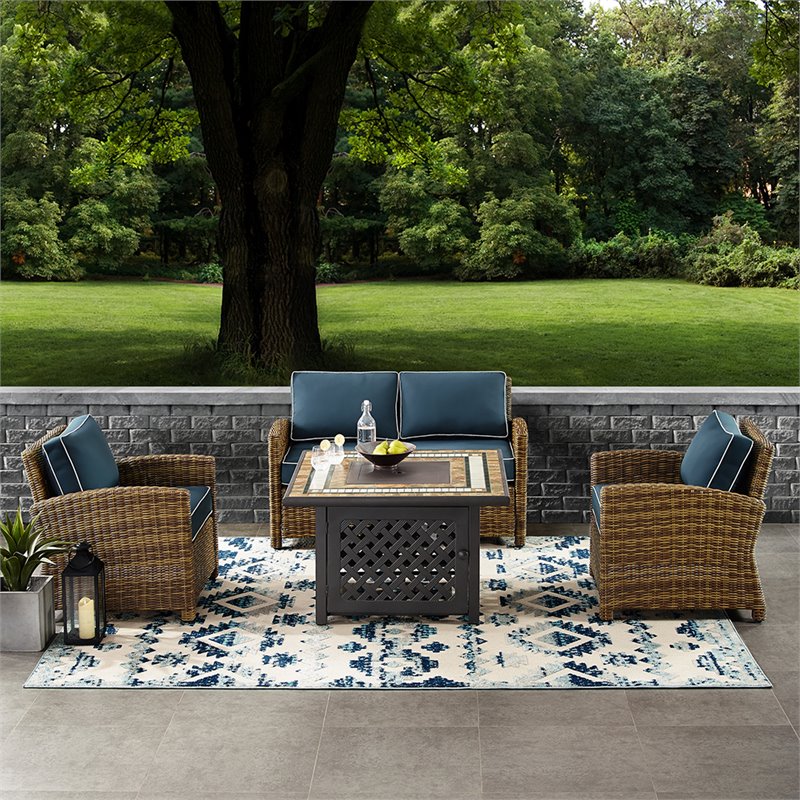 Pemberly Row 4-Piece Metal Patio Fire Pit Sofa Set in Brown/Navy